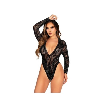 LEG AVENUE - BODY EN DENTELLE ET MANCHES LONGUES AVEC DIAMANTS NOIR TAILLE UNIQUE
