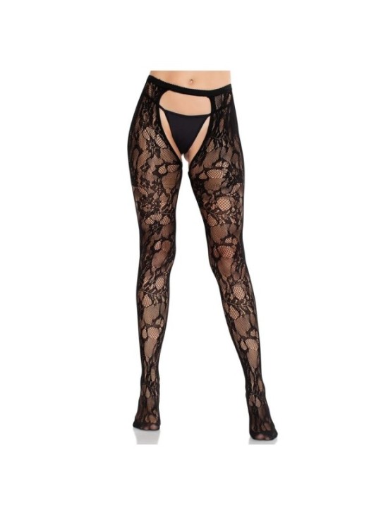 LEG AVENUE - BAS EN DENTELLE ROSE AVEC DOS OUVERT NOIR