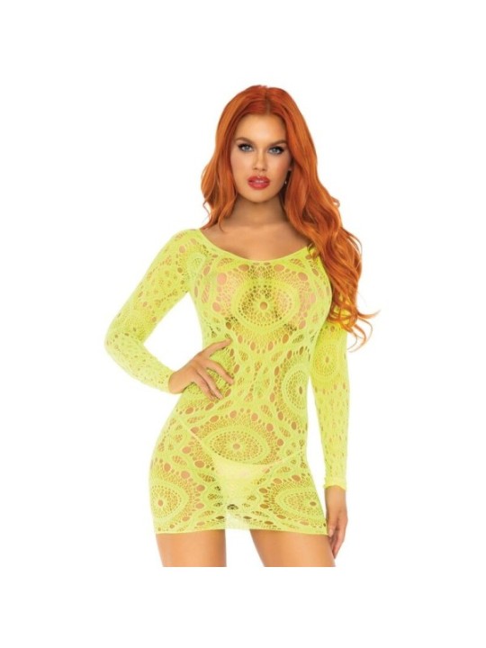 LEG AVENUE - MINI ROBE EN DENTELLE CROCHET  MANCHES LONGUES NÉON TAILLE UNIQUE