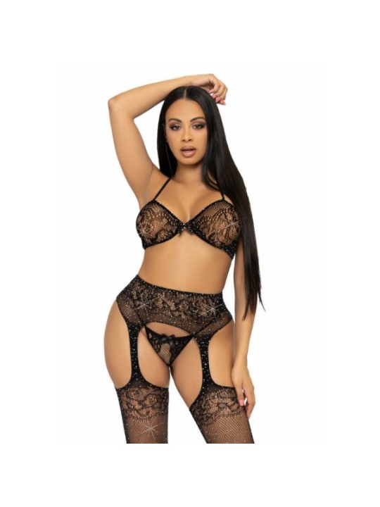 LEG AVENUE - ENSEMBLE TROIS PIÈCES SOUTIEN-GORGE, STRING ET BAS TAILLE UNIQUE - NOIR