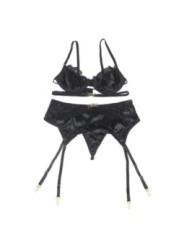 SUBBLIME - ENSEMBLE 3 PIÈCES SOUTIEN-GORGE + STRING + JARRETIÈRE DENTELLE NOIR S/M
