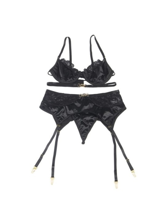 SUBBLIME - ENSEMBLE 3 PIÈCES SOUTIEN-GORGE + STRING + JARRETIÈRE DENTELLE NOIR S/M