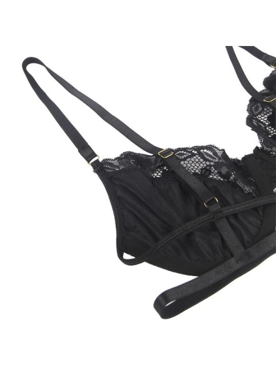SUBBLIME - ENSEMBLE 3 PIÈCES SOUTIEN-GORGE + STRING + JARRETIÈRE DENTELLE NOIR S/M