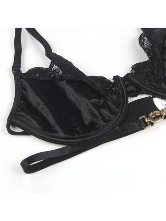 SUBBLIME - ENSEMBLE 3 PIÈCES SOUTIEN-GORGE + STRING + JARRETIÈRE DENTELLE NOIR S/M