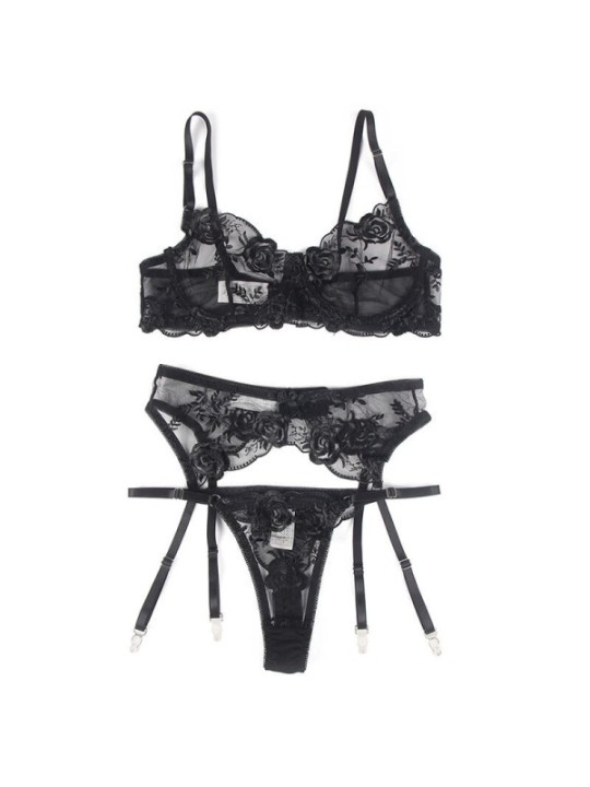 SUBBLIME - ENSEMBLE 3 PIÈCES SOUTIEN-GORGE + STRING + JARRETIÈRE IMPRIMÉ FLORAL NOIR S/M