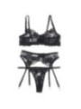 SUBBLIME - ENSEMBLE 3 PIÈCES SOUTIEN-GORGE + STRING + JARRETIÈRE IMPRIMÉ FLORAL NOIR S/M