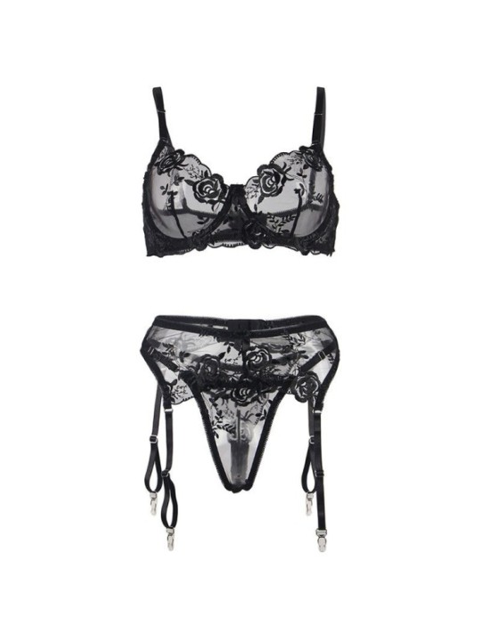 SUBBLIME - ENSEMBLE 3 PIÈCES SOUTIEN-GORGE + STRING + JARRETIÈRE IMPRIMÉ FLORAL NOIR S/M