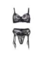 SUBBLIME - ENSEMBLE 3 PIÈCES SOUTIEN-GORGE + STRING + JARRETIÈRE IMPRIMÉ FLORAL NOIR S/M