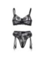 SUBBLIME - ENSEMBLE 3 PIÈCES SOUTIEN-GORGE + STRING + JARRETIÈRE IMPRIMÉ FLORAL NOIR S/M