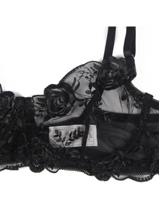 SUBBLIME - ENSEMBLE 3 PIÈCES SOUTIEN-GORGE + STRING + JARRETIÈRE IMPRIMÉ FLORAL NOIR S/M