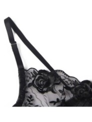 SUBBLIME - ENSEMBLE 3 PIÈCES SOUTIEN-GORGE + STRING + JARRETIÈRE IMPRIMÉ FLORAL NOIR S/M
