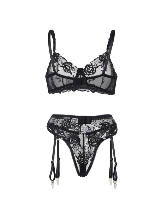 SUBBLIME - LOT 3 PIÈCES SOUTIEN-GORGE + STRING + JARRETIÈRE IMPRIMÉ FLORAL NOIR L/XL