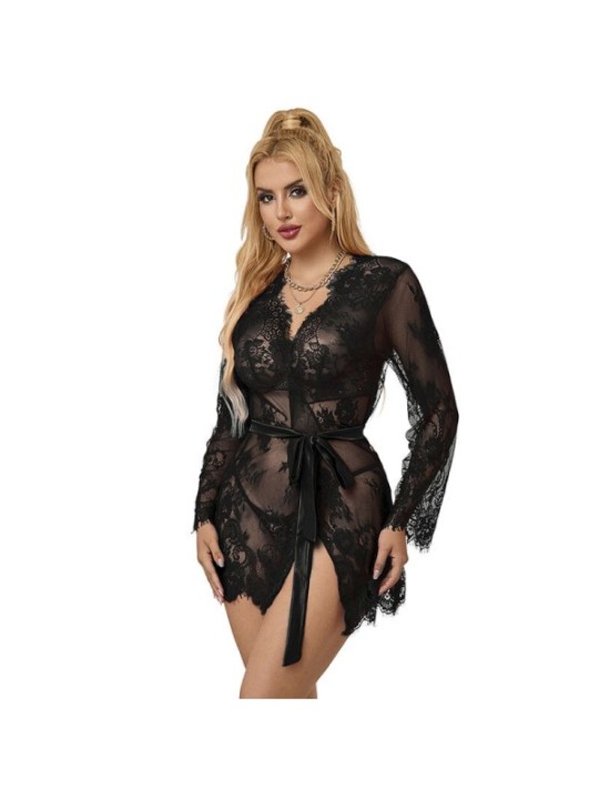SUBBLIME - 953751 CHEMISIER DE NUIT EN DENTELLE + STRING NOIR S/M