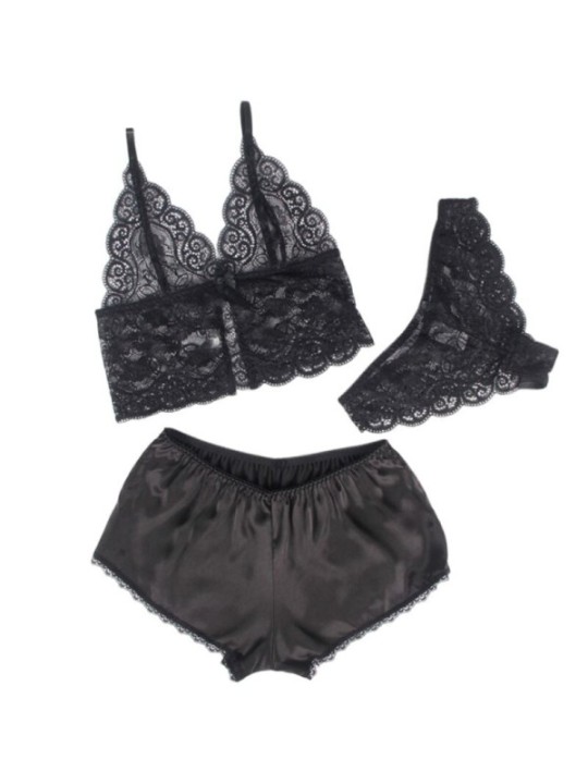 SUBBLIME - 953911 CHEMISIER DE NUIT EN SOIE ET DENTELLE + CULOTTE NOIRE S/M