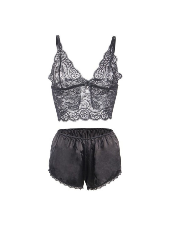 SUBBLIME - 953911 CHEMISIER DE NUIT EN SOIE ET DENTELLE + CULOTTE NOIRE S/M