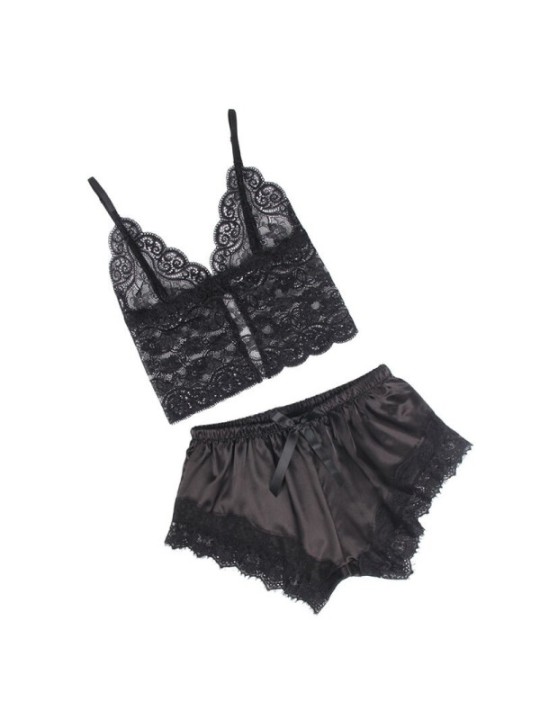 SUBBLIME - 953942 CHEMISE DE NUIT DÉCONTRACTÉE EN SOIE + PANTALON EN DENTELLE NOIR L/XL