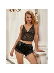 SUBBLIME - 953942 CHEMISE DE NUIT DÉCONTRACTÉE EN SOIE + PANTALON EN DENTELLE NOIR L/XL