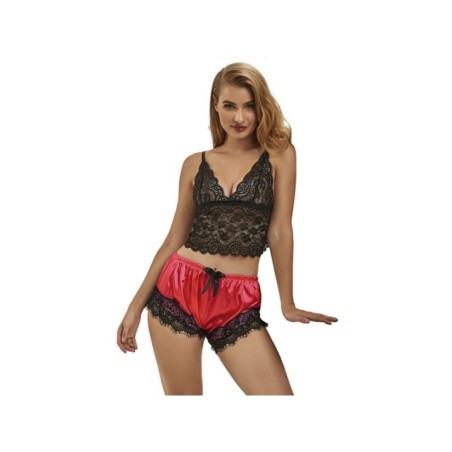SUBBLIME - 953959 CHEMISE DE NUIT DÉCONTRACTÉE EN SOIE + PANTALON EN DENTELLE NOIR/ROUGE S/M