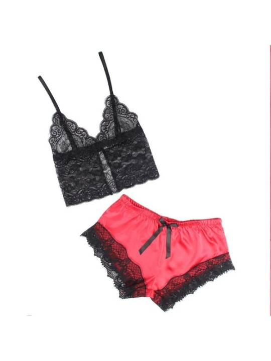 SUBBLIME - 953959 CHEMISE DE NUIT DÉCONTRACTÉE EN SOIE + PANTALON EN DENTELLE NOIR/ROUGE S/M