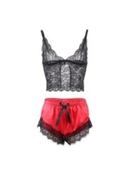 SUBBLIME - 953959 CHEMISE DE NUIT DÉCONTRACTÉE EN SOIE + PANTALON EN DENTELLE NOIR/ROUGE S/M