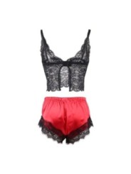 SUBBLIME - 953959 CHEMISE DE NUIT DÉCONTRACTÉE EN SOIE + PANTALON EN DENTELLE NOIR/ROUGE S/M
