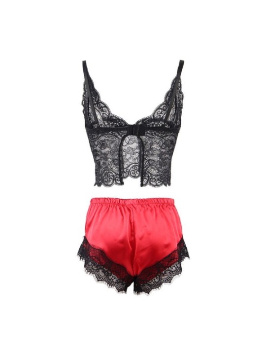 SUBBLIME - 953959 CHEMISE DE NUIT DÉCONTRACTÉE EN SOIE + PANTALON EN DENTELLE NOIR/ROUGE S/M