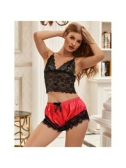 SUBBLIME - 953959 CHEMISE DE NUIT DÉCONTRACTÉE EN SOIE + PANTALON EN DENTELLE NOIR/ROUGE S/M