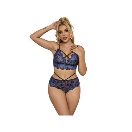 SUBBLIME - 954079 SOUTIEN-GORGE + CULOTTE DENTELLE BLEU L/XL