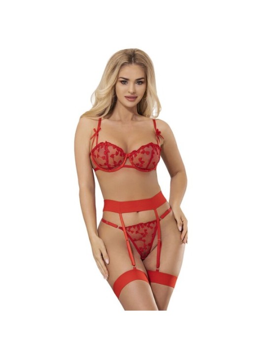 SUBBLIME - 954338 SOUTIEN-GORGE + STRING + PORTE-JARRETELLES IMPRIMÉ COEUR ROUGE L/XL