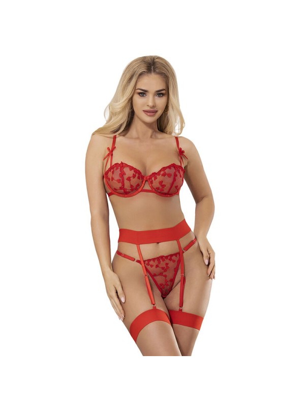 SUBBLIME - 954338 SOUTIEN-GORGE + STRING + PORTE-JARRETELLES IMPRIMÉ COEUR ROUGE L/XL
