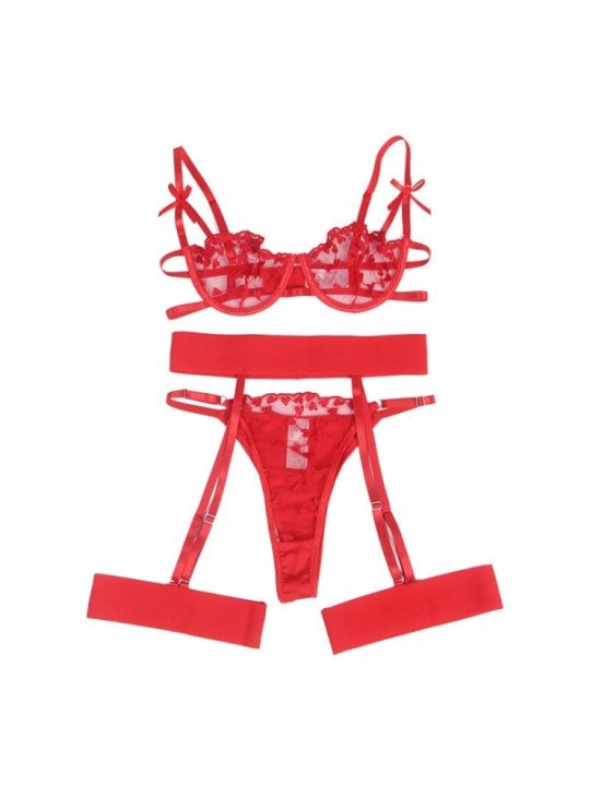 SUBBLIME - 954338 SOUTIEN-GORGE + STRING + PORTE-JARRETELLES IMPRIMÉ COEUR ROUGE L/XL
