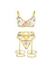SUBBLIME - 954345 SOUTIEN-GORGE + STRING + PORTE-JARRETELLES MOTIF FLORAL JAUNE S/M