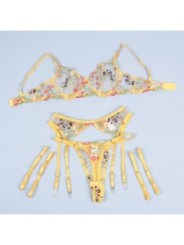 SUBBLIME - 954345 SOUTIEN-GORGE + STRING + PORTE-JARRETELLES MOTIF FLORAL JAUNE S/M