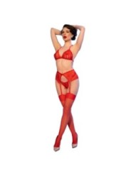 CHILIROSE - CR 4848 ENSEMBLE SOUTIEN-GORGE + STRING + BAS EN DENTELLE ROUGE L