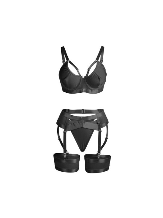 SUBBLIME - 955236 ENSEMBLE SOUTIEN-GORGE BONDAGE NOIR AVEC JARRETELLE S/M