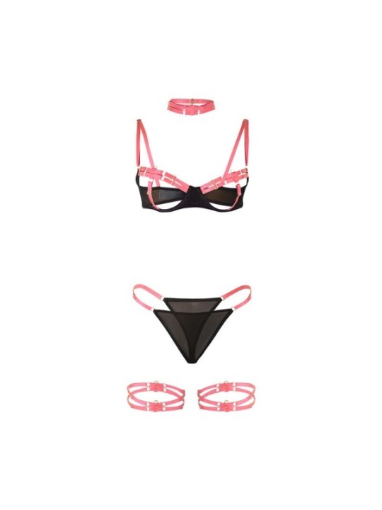 SUBBLIME - 955298 ENSEMBLE SOUTIEN-GORGE AVEC COLLIER ET DÉTAILS DE JAMBES ROSE FLUORESCENT S/M