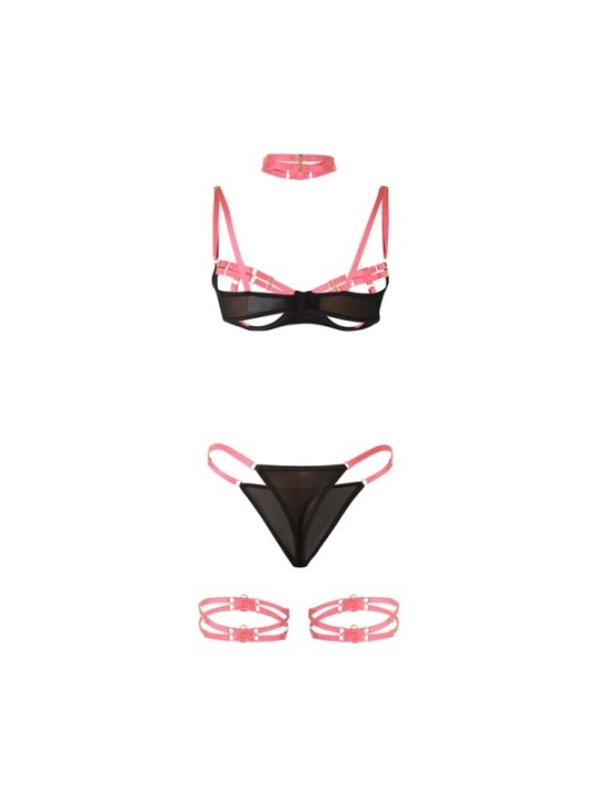 SUBBLIME - 955298 ENSEMBLE SOUTIEN-GORGE AVEC COLLIER ET DÉTAILS DE JAMBES ROSE FLUORESCENT S/M