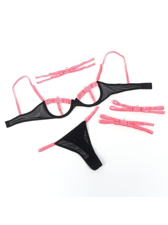 SUBBLIME - 955298 ENSEMBLE SOUTIEN-GORGE AVEC COLLIER ET DÉTAILS DE JAMBES ROSE FLUORESCENT S/M