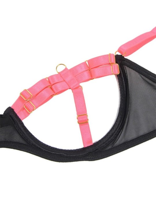 SUBBLIME - 955298 ENSEMBLE SOUTIEN-GORGE AVEC COLLIER ET DÉTAILS DE JAMBES ROSE FLUORESCENT S/M
