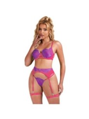 SUBBLIME - 955366 ENSEMBLE SOUTIEN-GORGE AVEC LIGNES DE DENTELLE ET JARRETELLES ROSE ET VIOLET L/XL