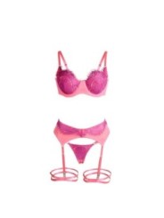 SUBBLIME - 955366 ENSEMBLE SOUTIEN-GORGE AVEC LIGNES DE DENTELLE ET JARRETELLES ROSE ET VIOLET L/XL