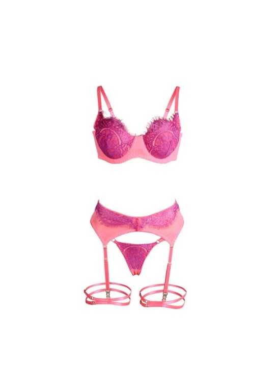 SUBBLIME - 955366 ENSEMBLE SOUTIEN-GORGE AVEC LIGNES DE DENTELLE ET JARRETELLES ROSE ET VIOLET L/XL