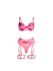 SUBBLIME - 955366 ENSEMBLE SOUTIEN-GORGE AVEC LIGNES DE DENTELLE ET JARRETELLES ROSE ET VIOLET L/XL