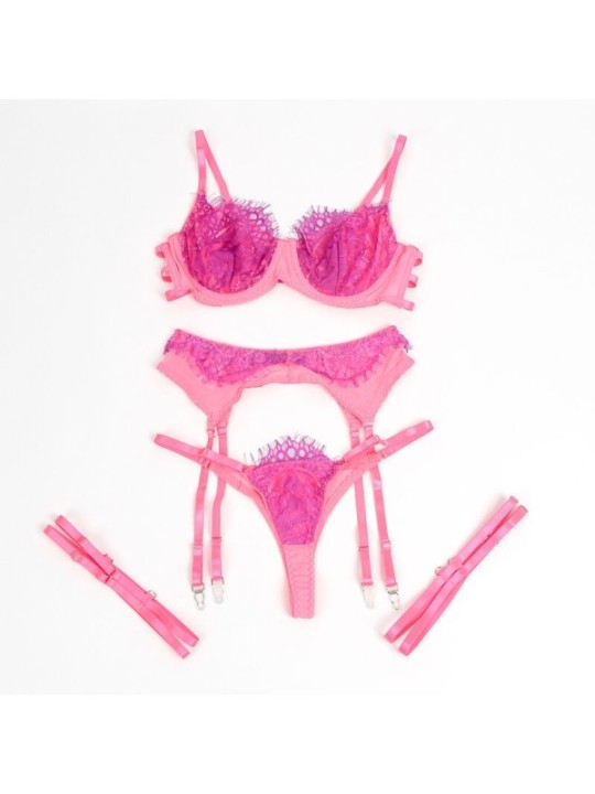 SUBBLIME - 955366 ENSEMBLE SOUTIEN-GORGE AVEC LIGNES DE DENTELLE ET JARRETELLES ROSE ET VIOLET L/XL