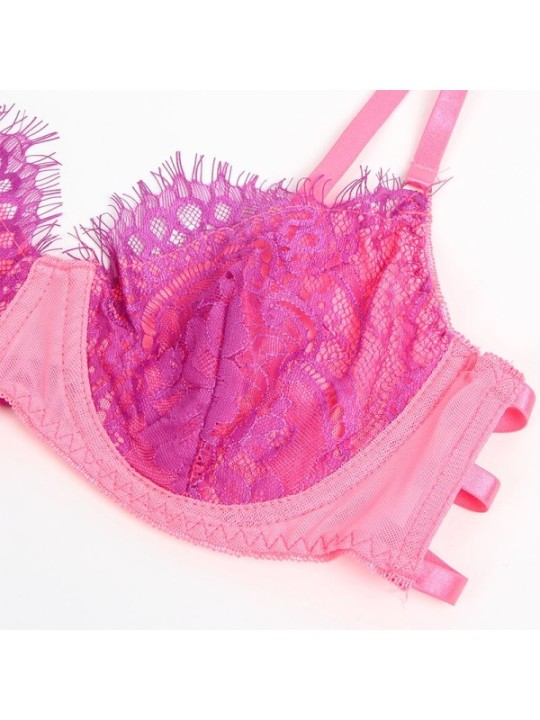SUBBLIME - 955366 ENSEMBLE SOUTIEN-GORGE AVEC LIGNES DE DENTELLE ET JARRETELLES ROSE ET VIOLET L/XL