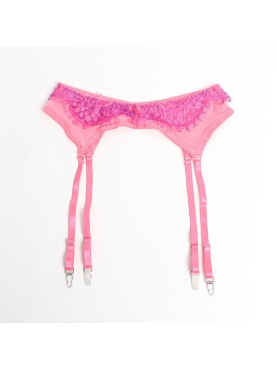 SUBBLIME - 955366 ENSEMBLE SOUTIEN-GORGE AVEC LIGNES DE DENTELLE ET JARRETELLES ROSE ET VIOLET L/XL
