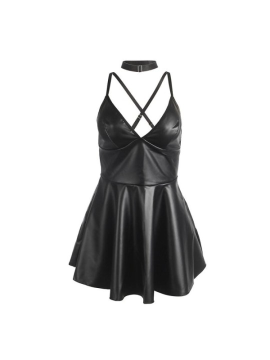 SUBBLIME - 955380 ROBE À BRETELLES EN CUIR NOIR L/XL