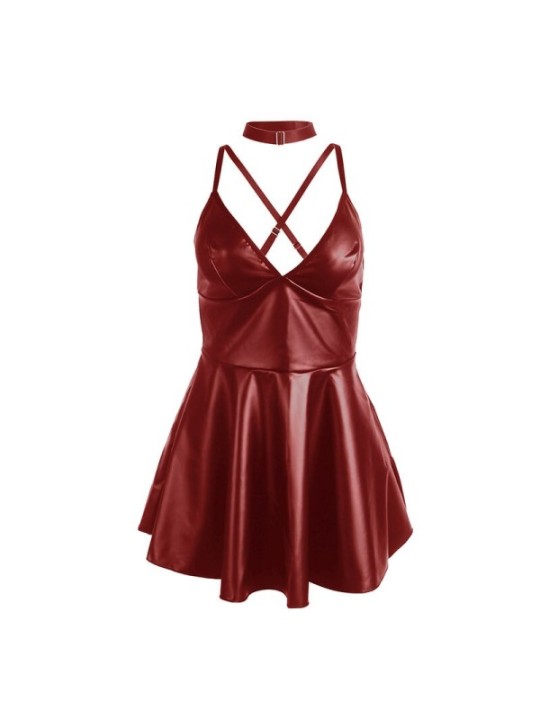 SUBBLIME - 955403 ROBE À BRETELLES EN CUIR BORDEAUX L/XL