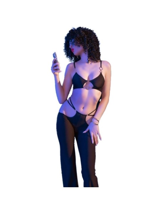 CHILIROSE - CR 4851 ENSEMBLE TOP ET LEGGINGS NOIRS AVEC ACCESSOIRES DORÉS M