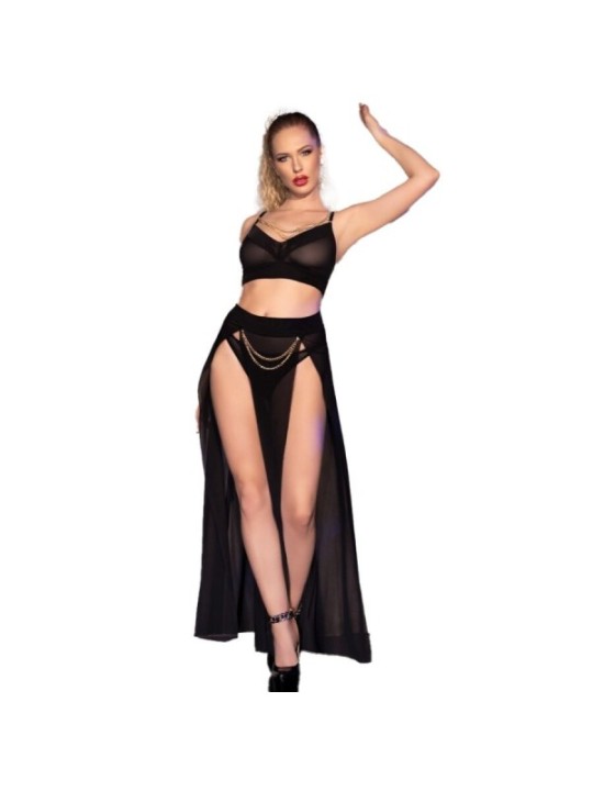 CHILIROSE - CR 4672 JUPE TOP NOIRE ET STRING AVEC CHAÎNES DORÉ L